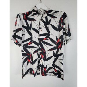 Uniqlo Mens Hawaiian Button-Up Shirt XS Leaf Print White Black Short Sleeve